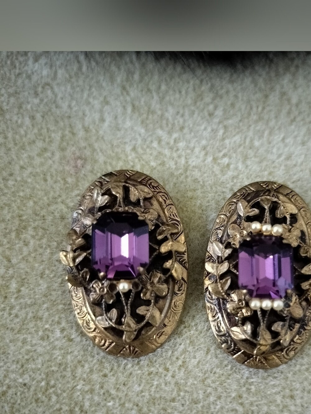 Vintage MCM Gold Tone ClipOn Earrings Emerald Cut Purple Rhinestones Faux Pearls